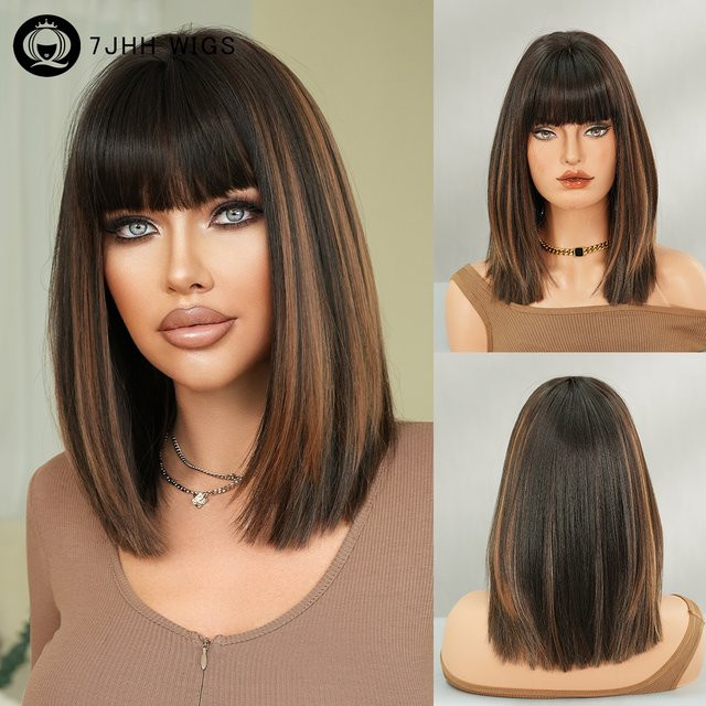 7JHH WIGS Perücke, schulterlang, schwarz mit goldenen Highlights, Damen - Bild 1