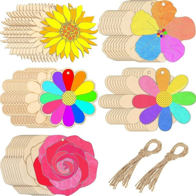 10 Stück Holzanhänger in Blumenform für DIY-Dekorationen und Geschenke, Mehrfarbig - Bild 1