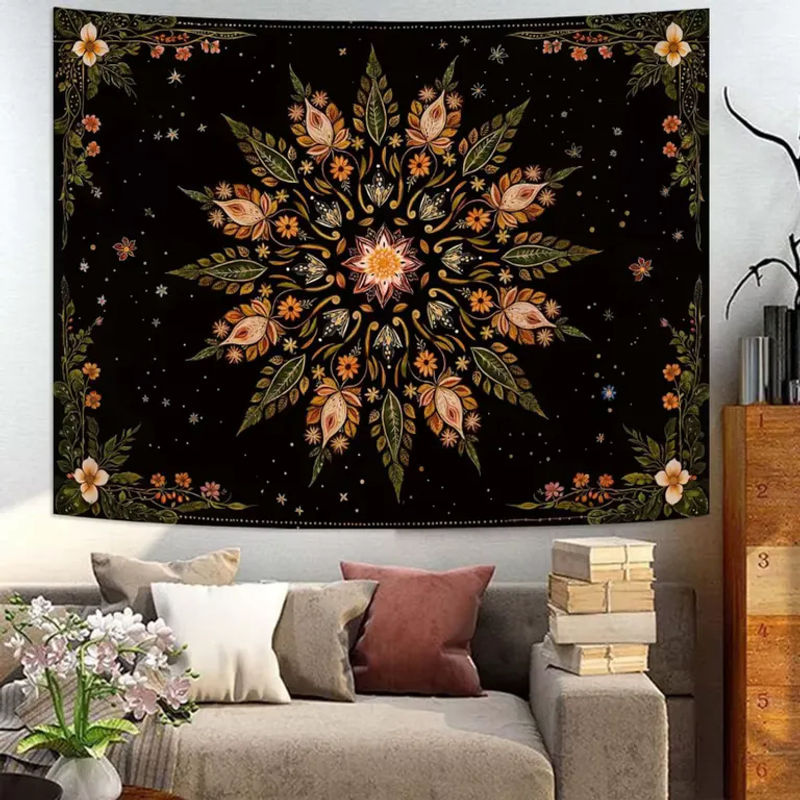 VIKAMA Bohemian Mandala Wandteppich mit floralem Print in Schwarz und Grün, rechteckiges Textil-Wandbild zur Dekoration - Bild 5