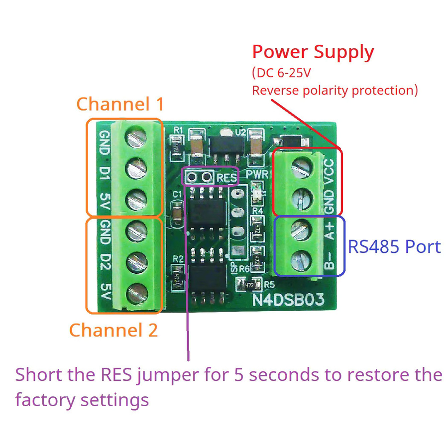 Eletechsup 2CH RS485 Modbus Temperaturkollektor DS18B20 Sensoradapterplatine für HMI PLC Analogeingang Remote IO Modul in Grün - Bild 2
