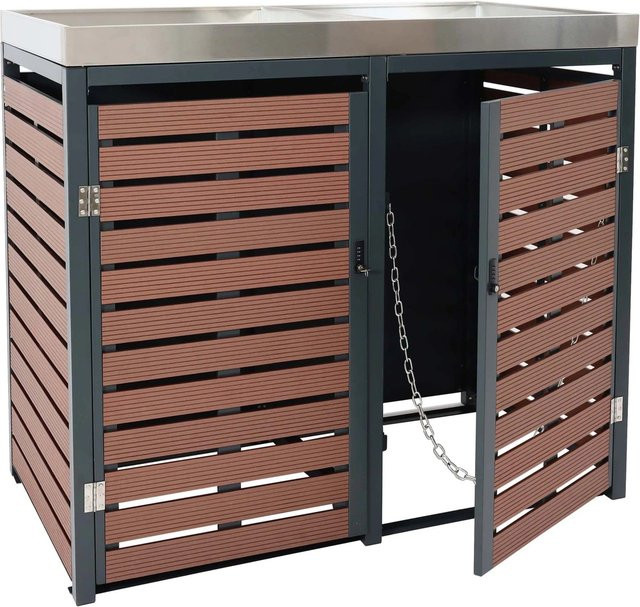Proregal 2er Mülltonnenverkleidung mit Pflanzkasten aus WPC und Edelstahl in Walnuss-Holzoptik Braun, H x B x T: 124 x 134 x 84 cm - Bild 1