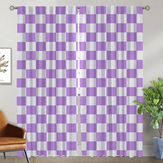 Schachbrett Tüll-Fenstervorhänge für dein Zimmer, 2er-Set in Lila, Breite: 50 cm, Höhe: 70 cm - Bild 1