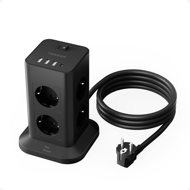 TESSAN Black Tower Steckdosenleiste in Schwarz mit 8 AC-Ausgängen, 1 USB-C und 3 USB-A Anschlüssen sowie 2 m Verlängerungskabel - Bild 1