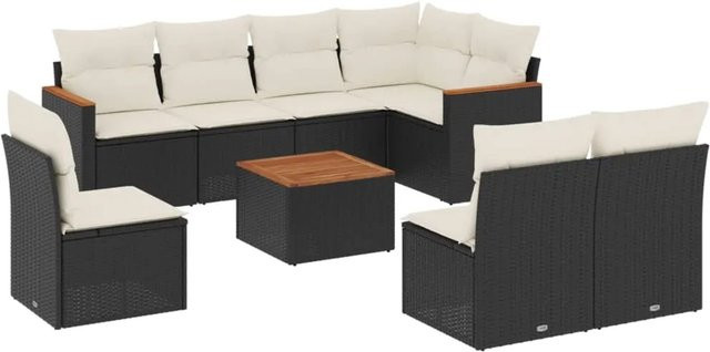 vidaXL 9-tlg Garten-Sofagarnitur in L-Form aus Poly-Rattan und pulverbeschichtetem Stahl mit Kissen in Schwarz-Creme - Bild 1