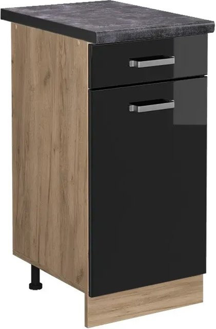 Vicco Küchenunterschrank R-Line in Schwarz Hochglanz und Goldkraft Eiche, B: 40 cm, H: 81,6 cm, T: 60 cm - Bild 1