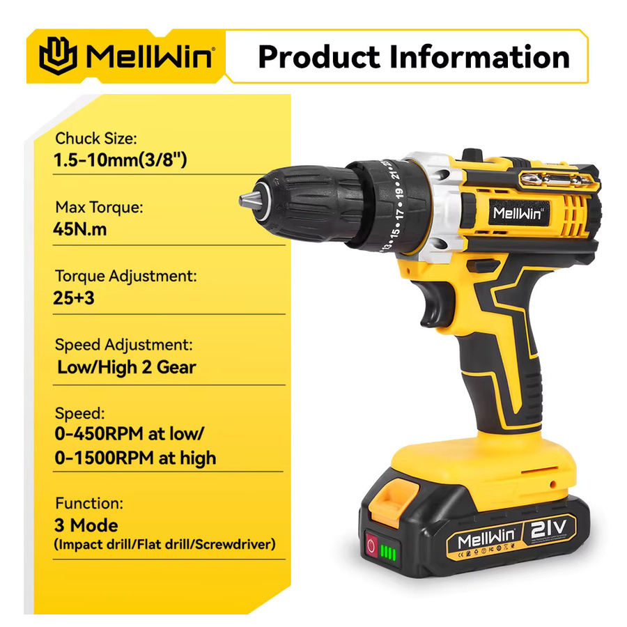 MELLWIN Akku-Schlagbohrmaschine und Akku-Schraubendreher mit 25 + 3 Drehmoment in Gelb, kompatibel mit Makita 18V LXT Batterien - Bild 2