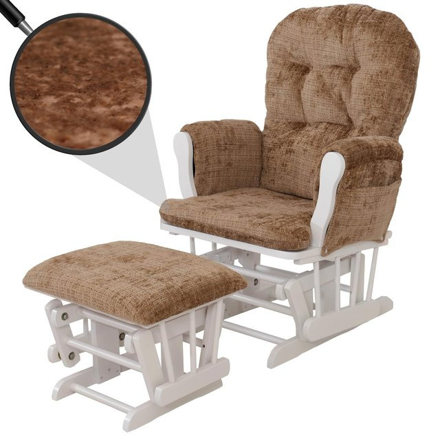 Relaxsessel MCW-C76 Schaukelstuhl mit Hocker aus Chenille Stoff in Hellbraun und weißem Gestell mit gepolsterten Armlehnen und Öko-Tex Zertifizierung - Bild 1
