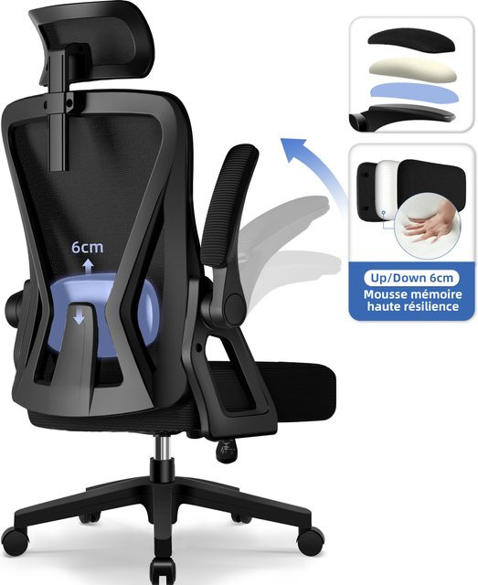 AUTHMIC Bürostuhl in Schwarz mit faltbaren Armlehnen, verstellbarer Rückenlehne, Kopfstütze und Lendenwirbelsäulenstützung, belastbar bis max. 150 kg - Bild 1