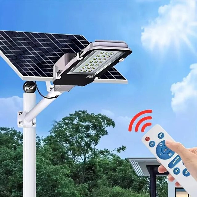 YQCHEZI Solar Außenleuchte mit Fernbedienung, Wasserdichte Solar-Straßenlaterne für Garten, Garage und Terrasse, Schwarz - Bild 1