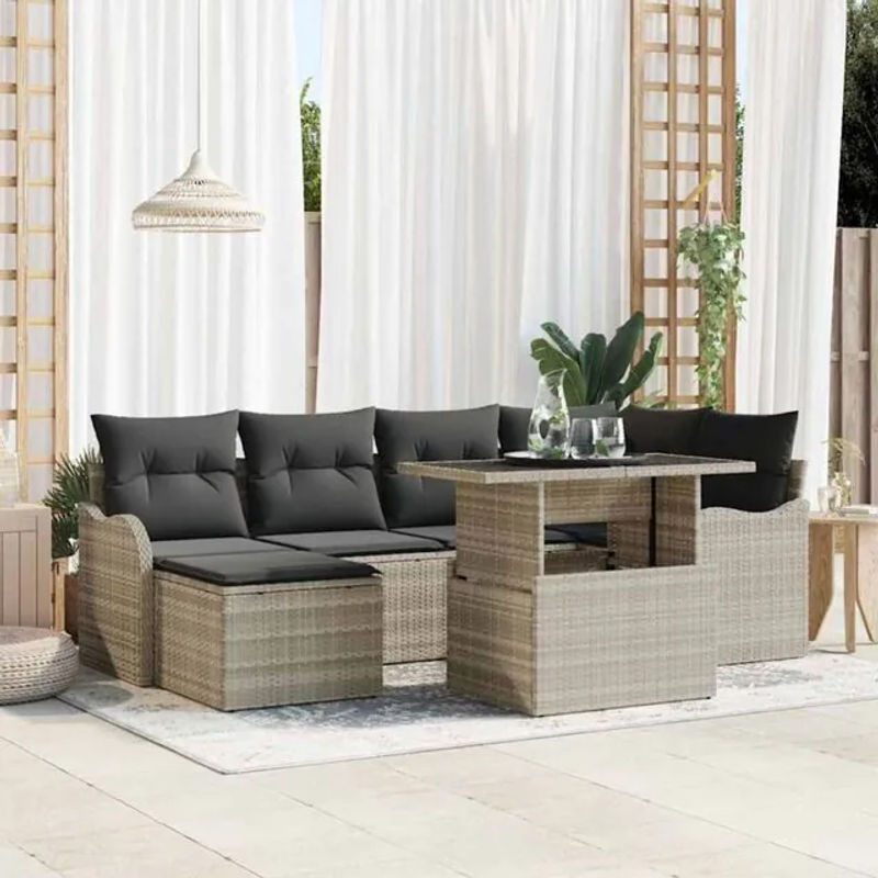 7-teiliges Garten-Sofa-Set aus Poly-Rattan mit Kissen in Hellgrau von vidaxl - Bild 1