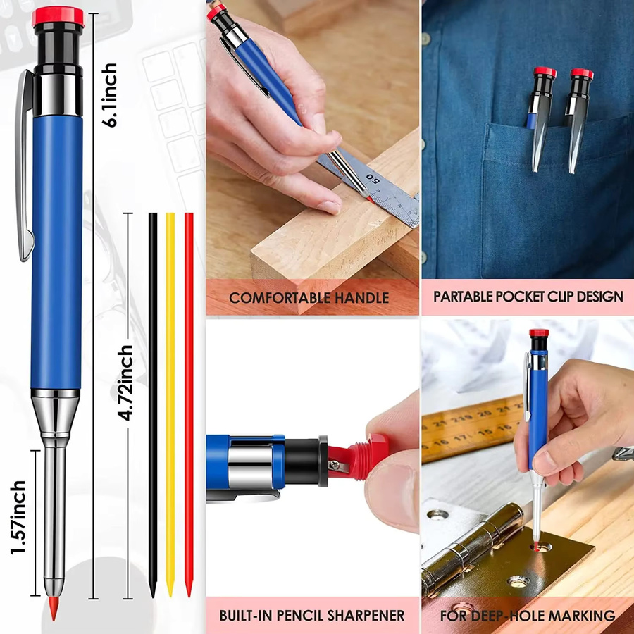 MROOFUL Zimmermannsbleistift Set in Rot mit 2,8 mm Graphitminen und integriertem Spitzer - Bild 2