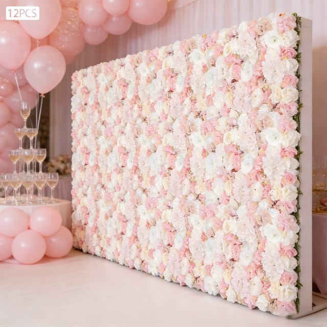 12 Stück Künstliche Blumenwand-Dekoration Bymaocar mit rosa Seidenrosen und Kunststoff-Rückwand für Hochzeit, Geburtstag oder Party - Bild 1