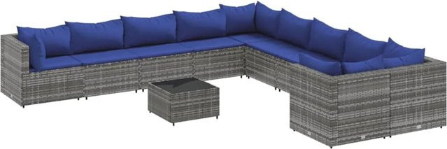 vidaXL 11-tlg. Garten-Sofagarnitur aus Poly Rattan in L-Form mit Kissen und Couchtisch, Grau/Blau - Bild 1