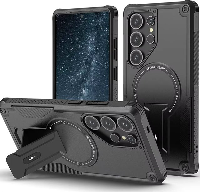 Magnetische Armor Schutzhülle für Samsung Galaxy S26 Ultra, S26 Plus Edge und S26 Fold mit Standhalterung und Unterstützung für kabelloses Laden in Schwarz und Grau - Bild 1