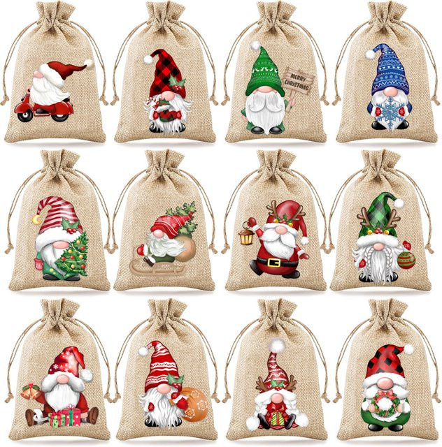 12 Stück Weihnachts-Geschenktüten aus Jute in Beige mit Kordelzug für Süßigkeiten und Weihnachtsfeiern - Bild 1