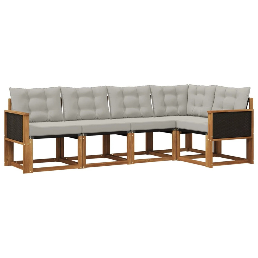 vidaXL Outdoor-Sofagarnitur in L-Form aus massivem Akazienholz mit Textilene und 5 Kissen in Braun und Grau - Bild 2