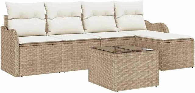 vidaXL Garten-Sofa-Set aus Poly Rattan in Beige mit 6-teiliger Ausstattung inklusive Kissen und Tisch - Bild 1