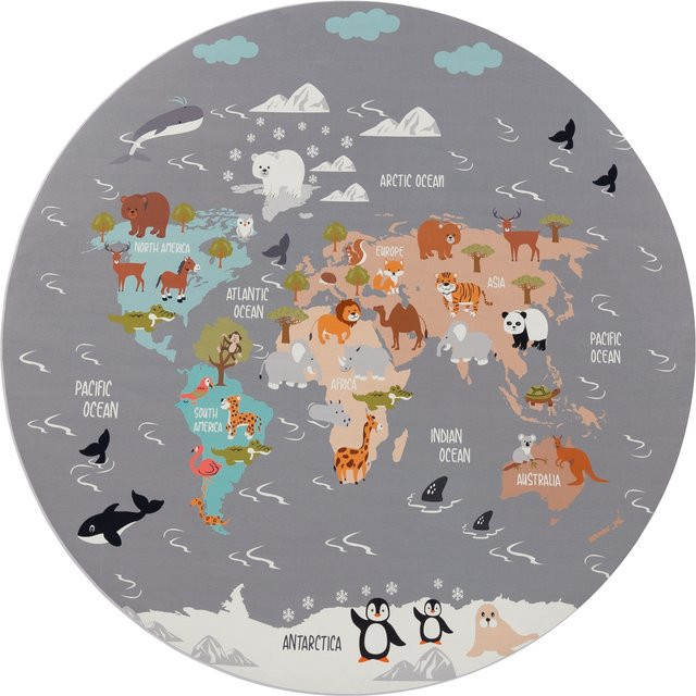 Runder Kinderteppich Bini in Grau mit Tiermotiv, Durchmesser: 200 cm - Bild 1