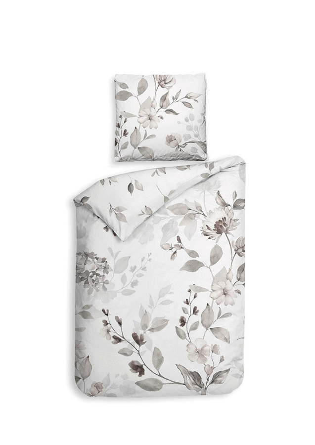 Heckett & Lane Mako-Satin Bettwäsche Amara mit floralem Blätter- und Blütenmuster in Beige, Grau und Weiß, B/H: 155 x 220 cm, inklusive Kissenbezug 80 x 80 cm - Bild 1