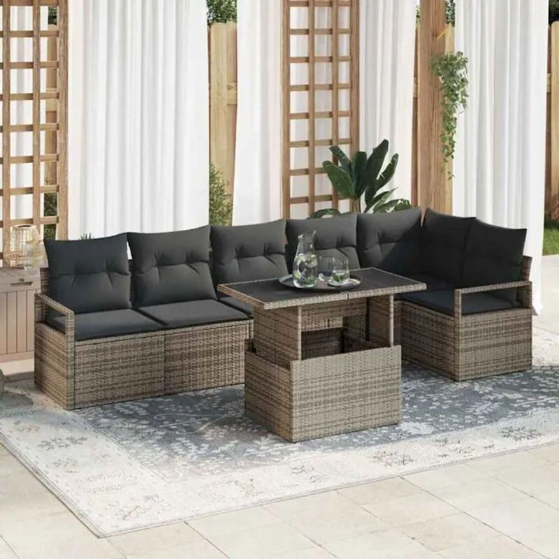 Vidaxl Garten-Sofa-Set aus Poly-Rattan mit integriertem Speicher in Grau, 7-teilig, modern mit Glastisch - Bild 1