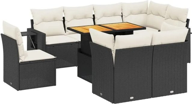 vidaXL 9-tlg. Garten-Sofagarnitur in L-Form aus Polyrattan und Akazienholz mit Kissen in Schwarz-Creme - Bild 1