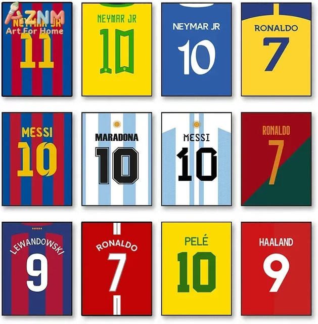 AZNM Fußball-Legenden Trikot Leinwand-Wandkunst mit Messi, Ronaldo und Neymar als Mehrfarbiger Druck für deine Dekoration - Bild 1