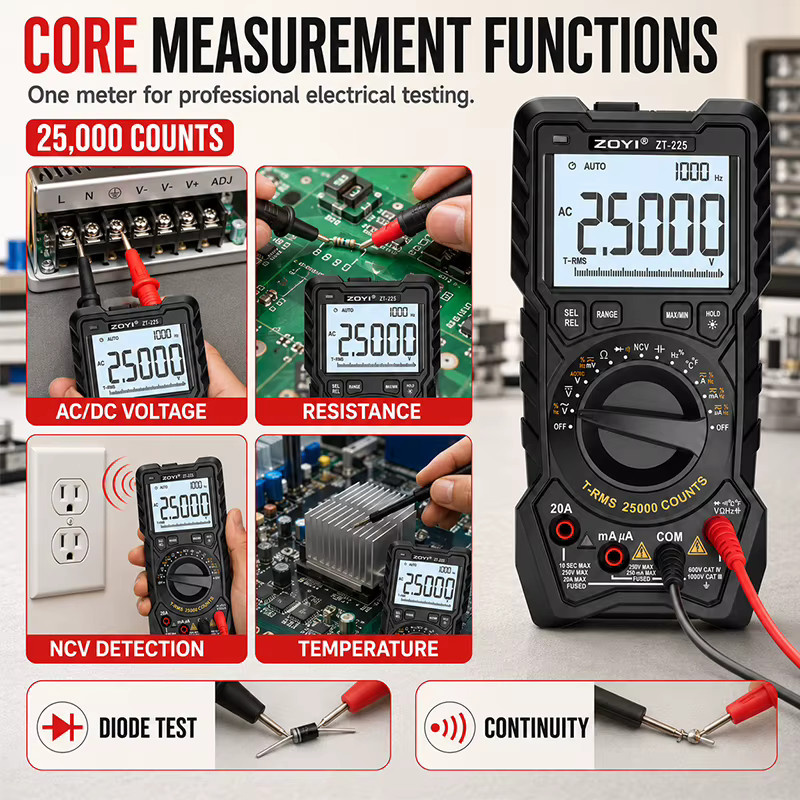 ZOYI ZT-225 True-RMS Digitalmultimeter mit 25000 Zählungen, 4½-stellig, automatischer Bereichswahl und Temperaturmessung, Schwarz - Bild 2