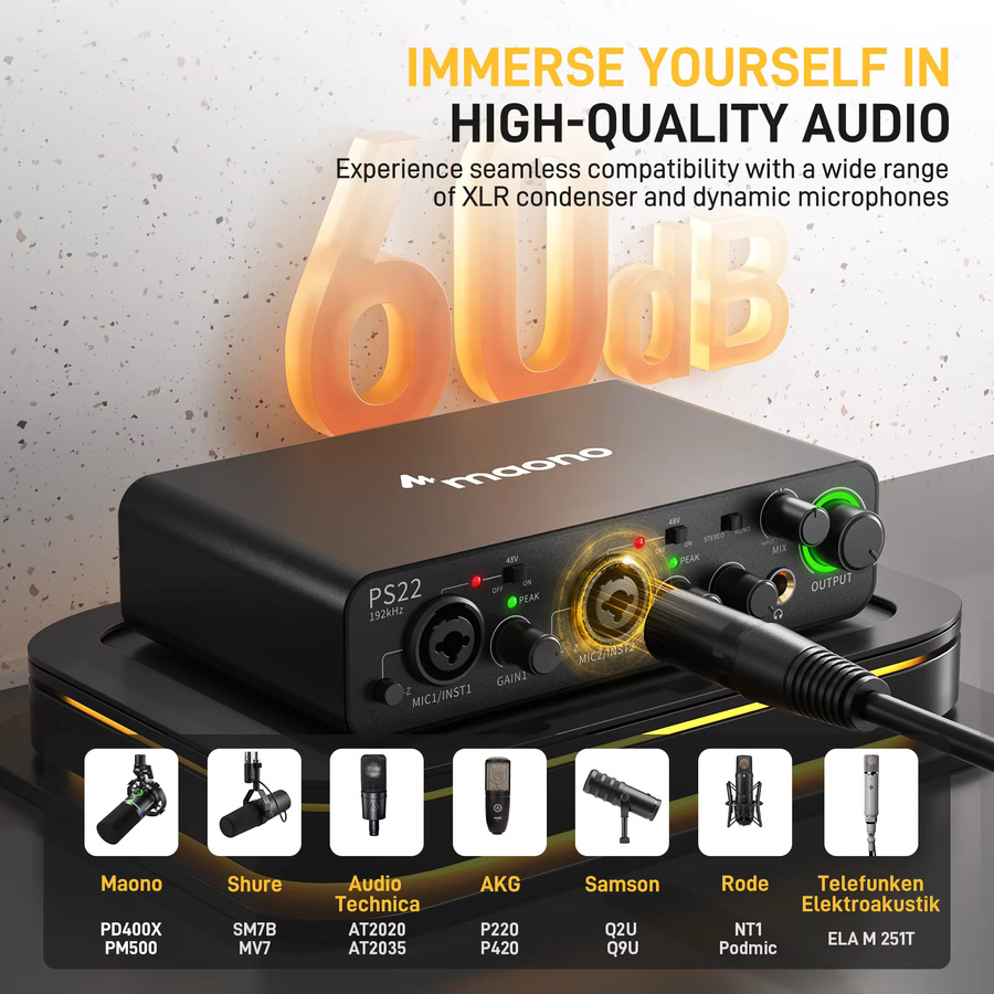 Maono PS22 USB-Audio-Interface in Schwarz mit 60dB Pro-Preamp, 24Bit 192kHz und Dual-USB-Schnittstelle für PC und Smartphone zur Musikproduktion, Podcast und Streaming - Bild 3
