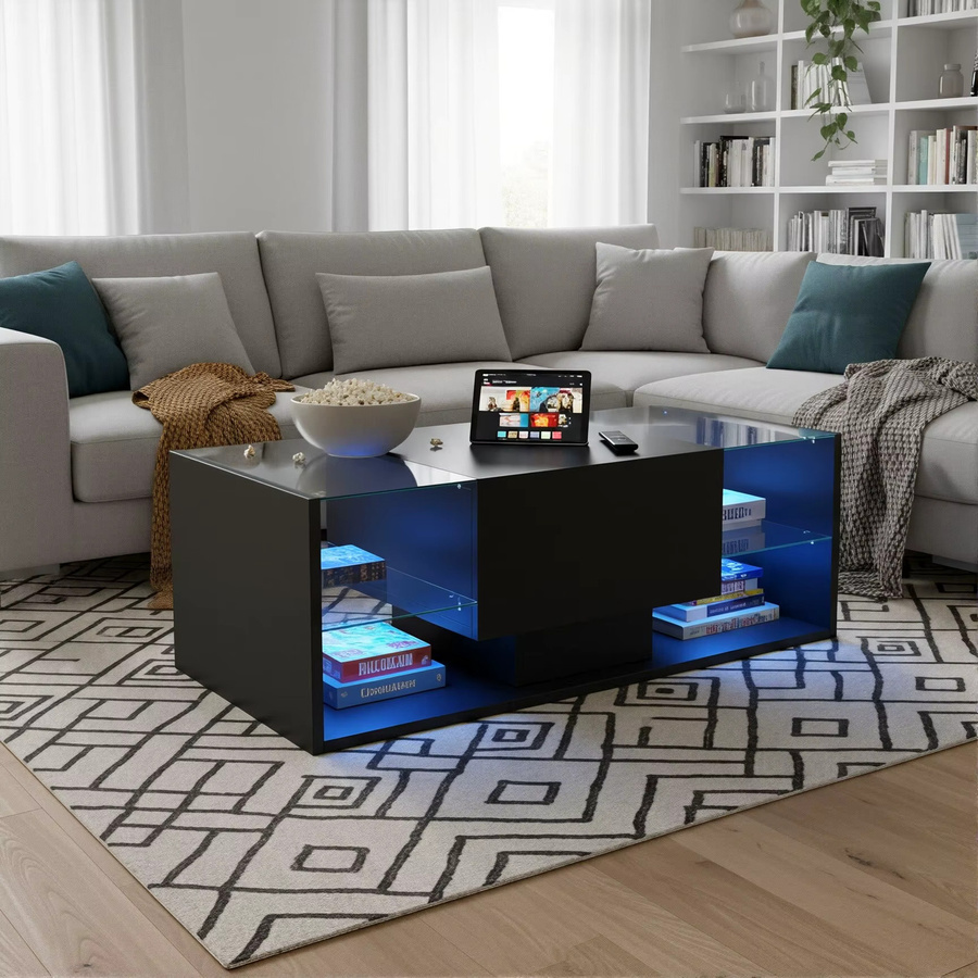Moderner niedriger Couchtisch in Schwarz/Weiß glänzend mit 4 Regalen aus gehärtetem Glas, Schublade und RGB LED-Beleuchtung per App oder Fernbedienung - Bild 2