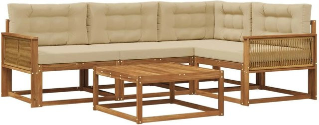 vidaXL Outdoor-Sofagarnitur in L-Form aus Akazienholz mit 5 Kissen in Natur und Beige - Bild 1