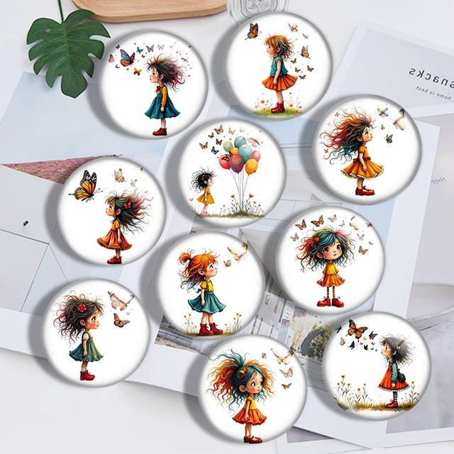 Anhänger Mädchen mit Schmetterlingen, Fotoglas-Cabochon, rund - Bild 1