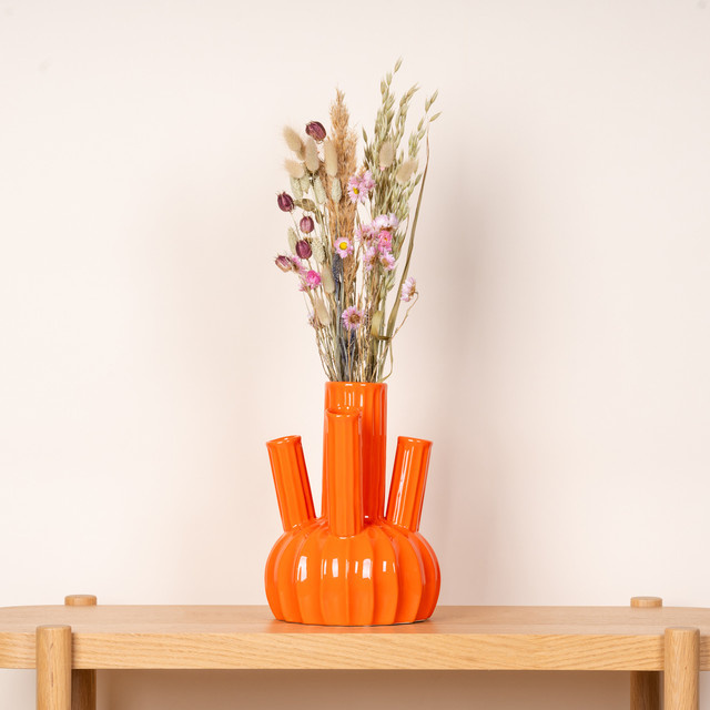 Keramik Vase von BLUME2000 in Orange mit Rillenstruktur und Retro-Look, bauchig, Höhe: 27,0 cm, Breite: 20,0 cm, Tiefe: 20,0 cm - Bild 1