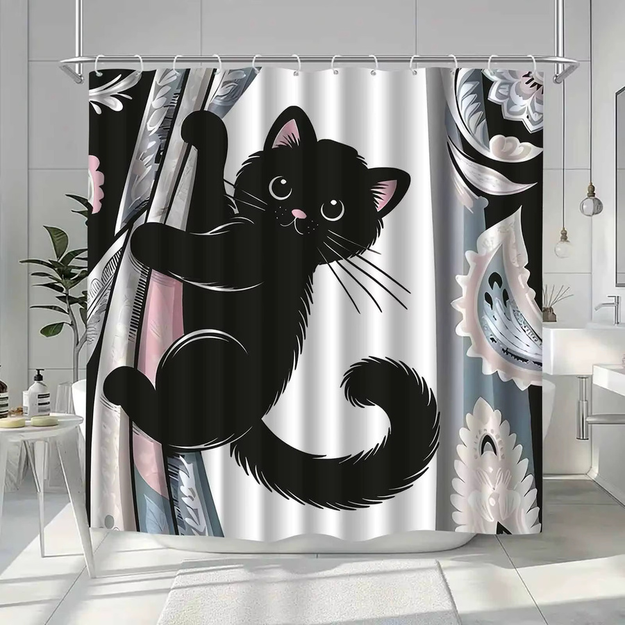VIKAMA Duschvorhang mit schwarzem Katzenmuster in Schwarz/Mehrfarbig, Höhe: 180 cm, Breite: 90 cm - Bild 4