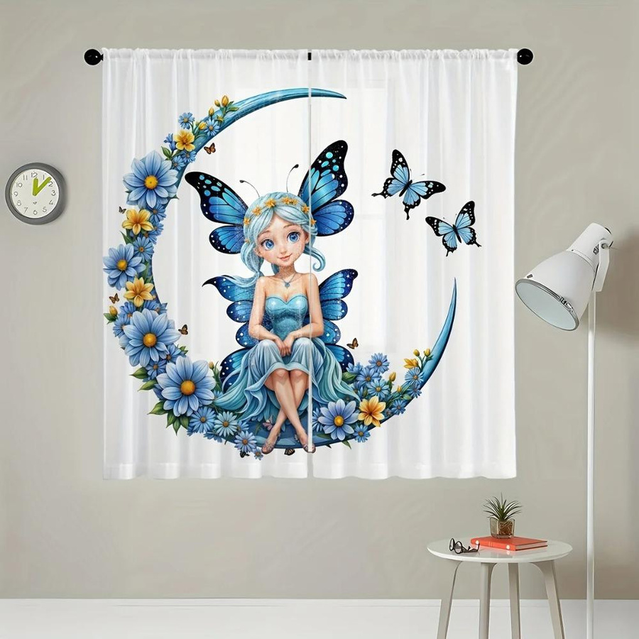 Yiran Furniture 2-teiliges transparentes Voile-Vorhangset Verzauberter Wald Fee Schmetterling mit floralem Design, Breite: 100 cm, Höhe: 130 cm - Bild 1