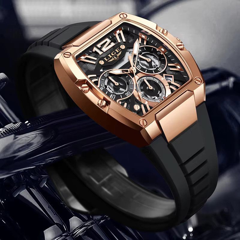 LIGE Chronograph Armbanduhr, Quarz, Blau, Roségold, Silber, Silikon, Herren - Bild 2