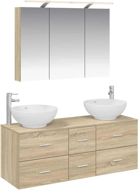 vidaXL Badezimmermöbel-Set 4-teilig in Sonoma-Eiche mit Waschtischunterschrank, Spiegelschrank mit LED-Beleuchtung und Seitenschrank, Farbe: Braun - Bild 1