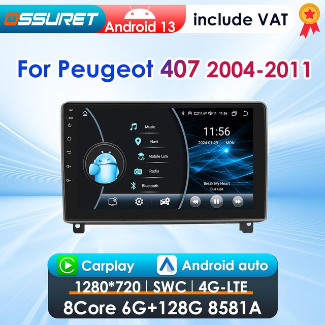 OSSURET 2DIN Multimedia Autoradio mit CarPlay und Android Auto sowie GPS für Peugeot 407 CC SW 2004-2011 in Schwarz - Bild 1