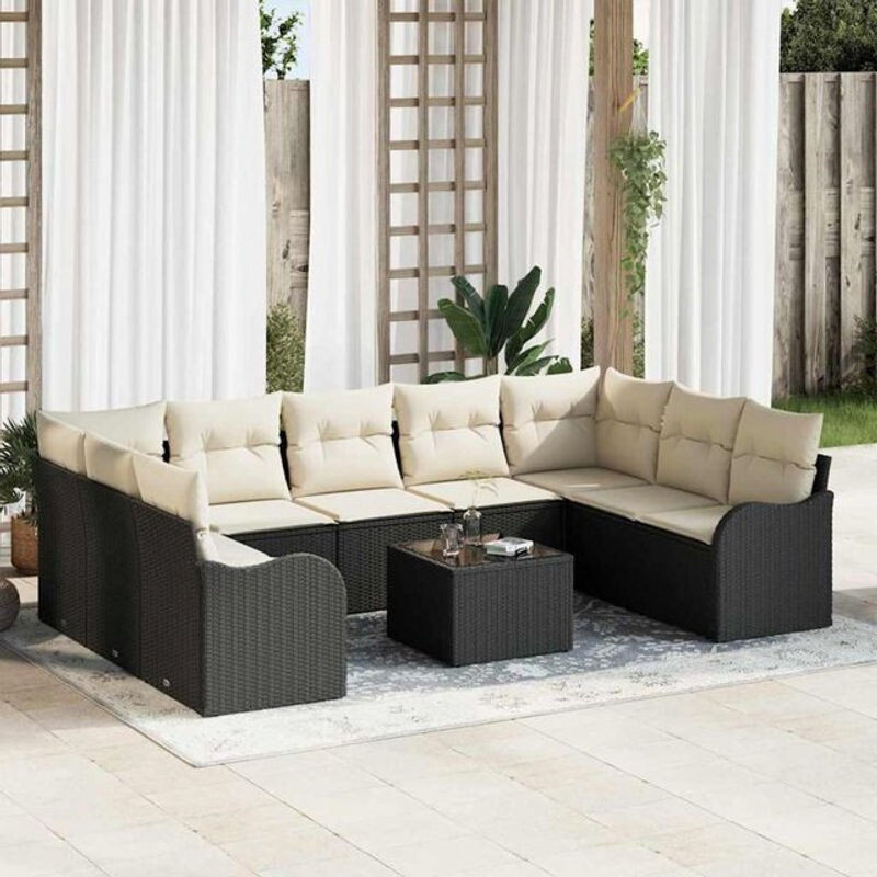 vidaXL Garten-Sofa-Set aus Poly-Rattan mit 10 Kissen in Schwarz - Bild 1