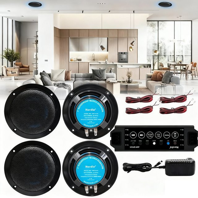 Herdio Bluetooth Marine Boot Deckenlautsprecher Set, 4 Stück, 320W, Wasserdicht, Schwarz - Bild 1
