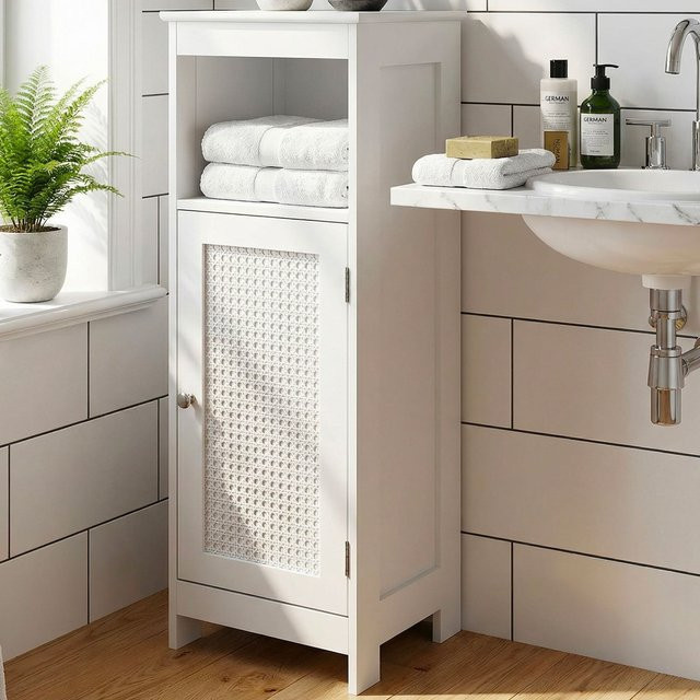 Badschrank Finebuy in Weiß mit Rattan-Elementen, Badezimmerregal mit Tür und offenen Ablagefächern - Bild 1