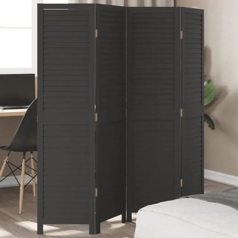 4-tlg. Paravent vidaxl aus Massivholz Paulownia und Metall in Schwarz, minimalistisches Design, freistehend - Bild 1