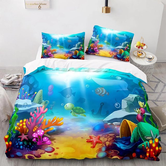 Binchi Fitness Bettwäscheset Blaues Meer mit 3D-Druck Delfinen und Haien, Mikrofaser Bettbezug-Set für Kinder und Erwachsene, B/H: 150 x 200 cm - Bild 1