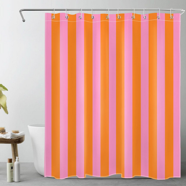 VIKAMA Duschvorhang aus Polyester mit rosa und orangefarbenen Streifen, wasserdicht und schimmelresistent, B/H: 90 x 180 cm - Bild 1