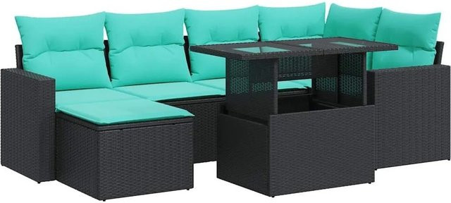 vidaXL 7-teilige Garten-Sofagarnitur in L-Form aus schwarzem Poly-Rattan mit Kissen und pulverbeschichtetem Stahlgestell - Bild 1