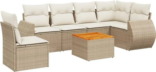 vidaXL 7-teilige Garten-Sofagarnitur in L-Form aus Poly-Rattan und Akazienholz in Beige und Cremeweiß mit UV-beständigen Kissen - Bild 1