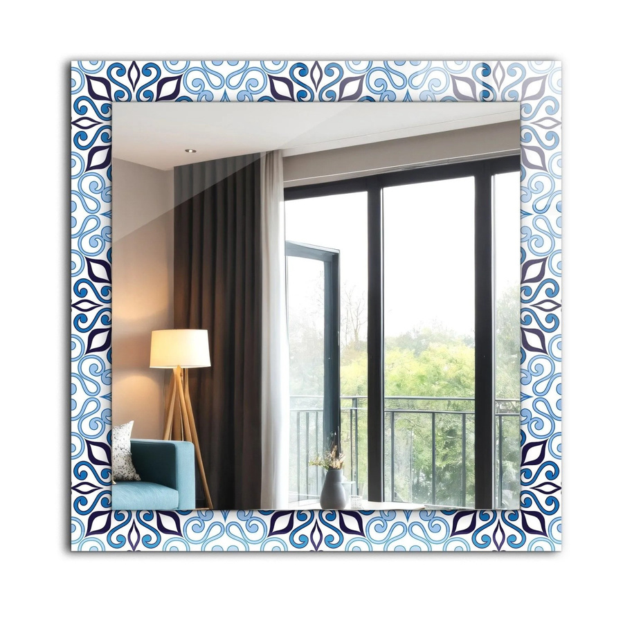 Tulup Wandspiegel mit blauem geometrischem Motivdruck, Rechteckig, B/H: 60 x 60 cm - Bild 2