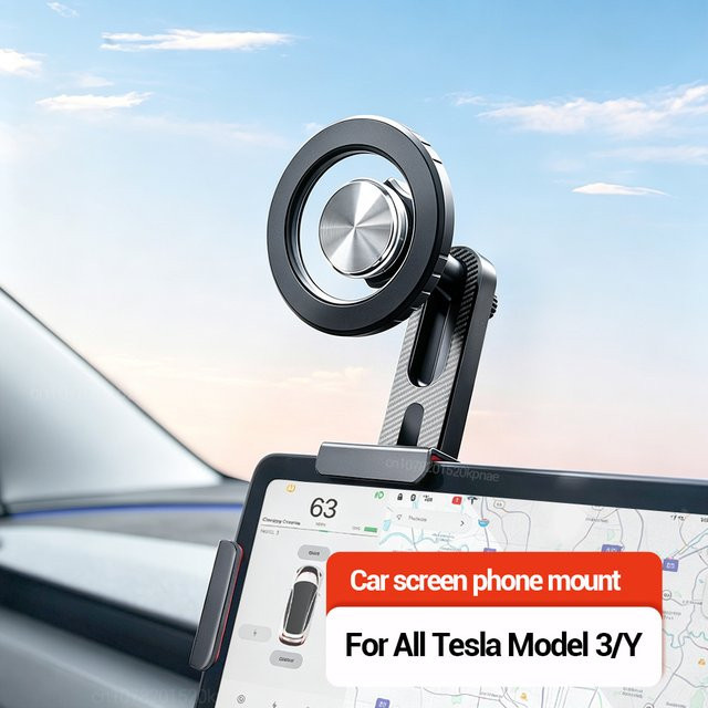 Magnetische Handyhalterung für Tesla Model 3, Model Y, Highland und Juniper in Schwarz mit 360 Grad Drehung und Stützfuß - Bild 1