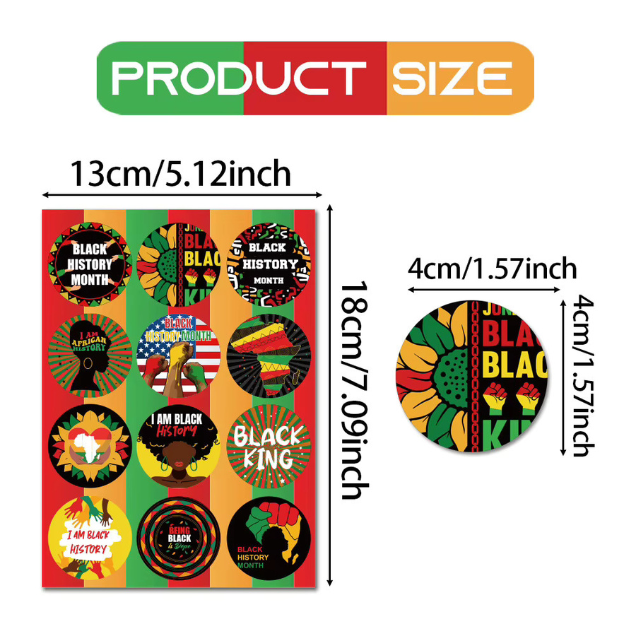 10 Stück selbstklebende Aufkleber mit Black History Month Motiv in Schwarz und Multicolour, runde Papieraufkleber mit abstrakten Mustern und Buchstaben zur Dekoration - Bild 6