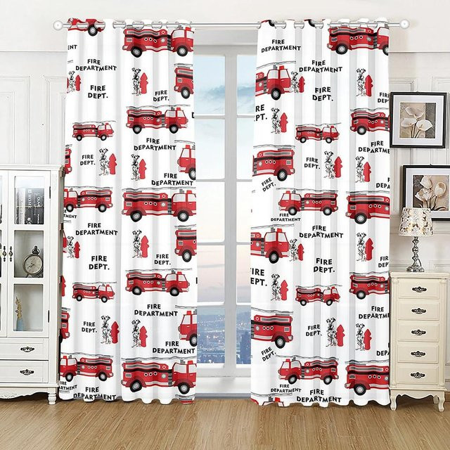 2er-Set Dekorative Kinder Vorhänge mit 3D Bauernhof Fahrzeug Motiven Traktor LKW Bagger Bulldozer, halbtransparent, Polyester, B: 60 cm, H: 100 cm - Bild 1