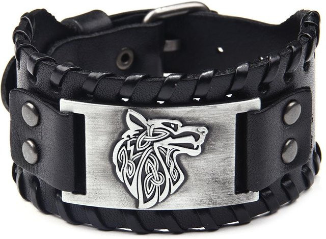 Lederarmband Herren, Wolfsmotiv, Schwarz - Bild 1